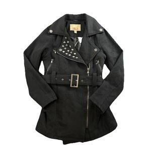 BKE Black Wool Blend Moto Jacket Studded Belted Asymmetrical Zip Women’s Small